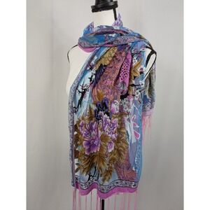 Vtg 90s Y2K Peacock Print Burnout Fringe Scarf Shawl Maximalist Oriental A076
